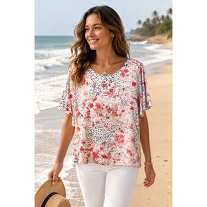 Tahari Women's Floral Flutter Sleeve Blouse Size Large Soft Pink‎ Boat Neck Top